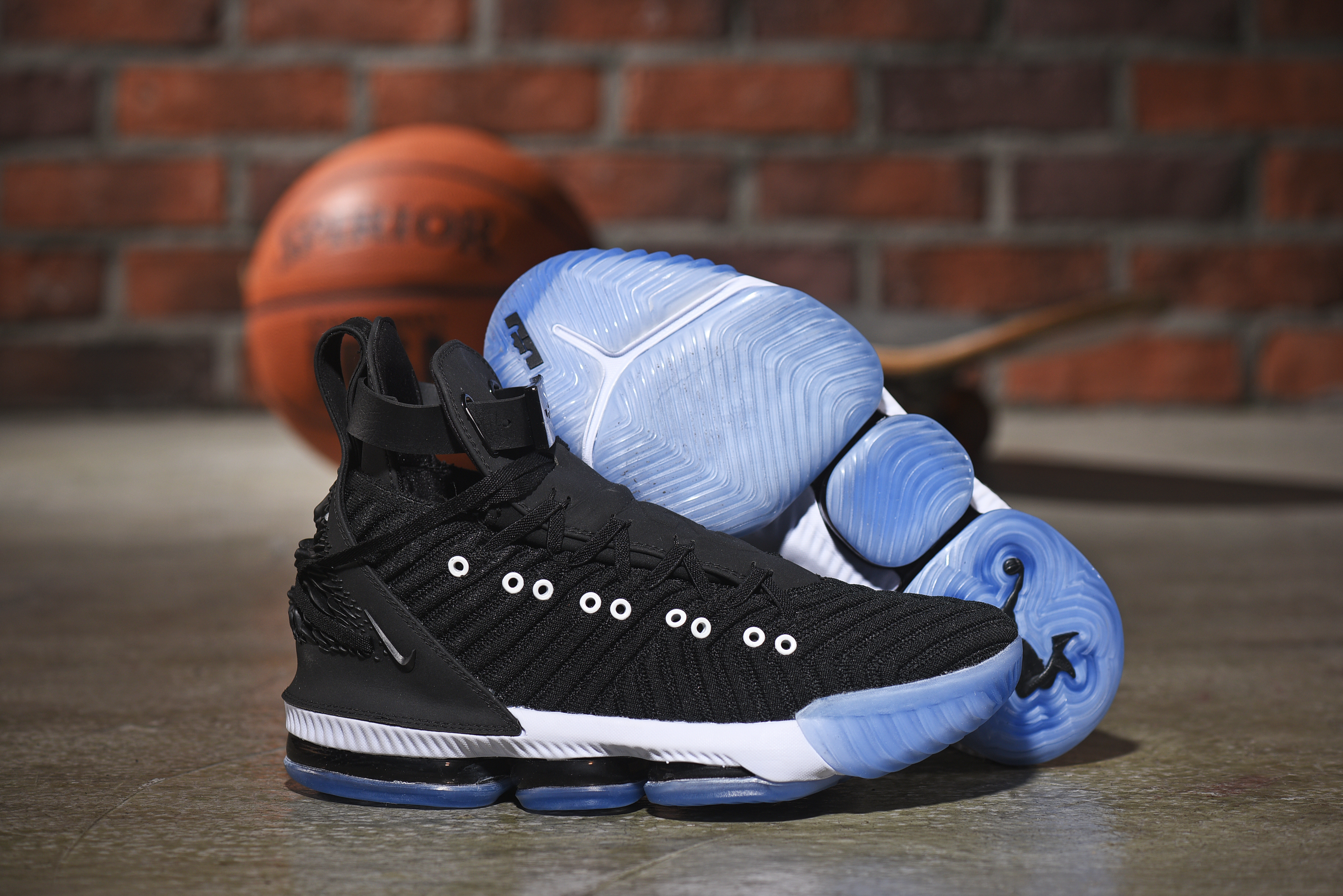 Nike LeBron 16 Emboss Black White Blue Sole Shoes